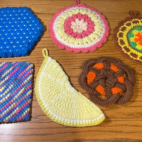 6 VNTG Potholders Excellent Clean Condition Hand Crafted Knit Crochet Blue Pink - Picture 14 of 17